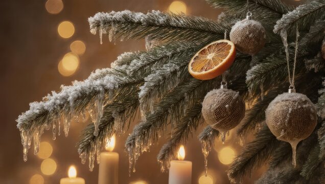 Festive Christmas Tree with Orange Slice and Glowing Candles.