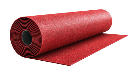 A rolled-up red carpet with visible texture and a cylindrical core, isolated on black