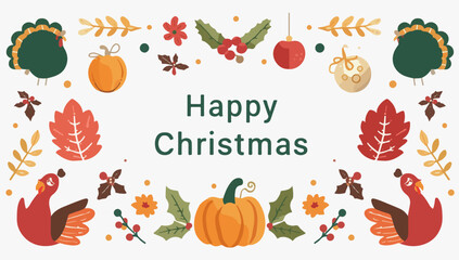 Vector design of Vector Christmas template card with Thanksgiving elements, featuring a flat design style, incorporating festive colors such as red, green, and gold