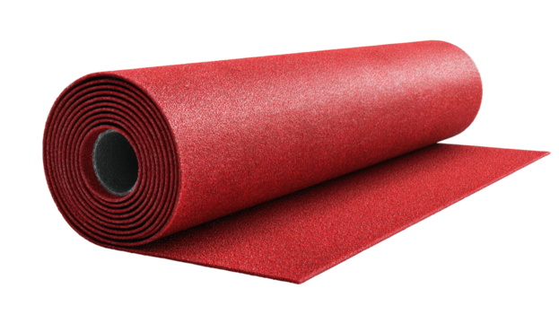 A rolled-up red carpet with visible texture and a cylindrical core, isolated on black