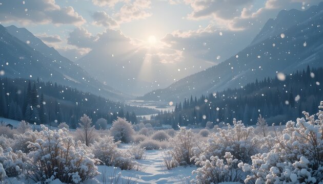 a cool and crystal snow falling from sky and carming medows