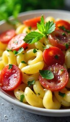 Close-up shot of delicious pasta salad generously topped with sliced salami, fresh herbs, and a vibrant dressing Perfect for lunch or a light dinner , pasta, tomatoes