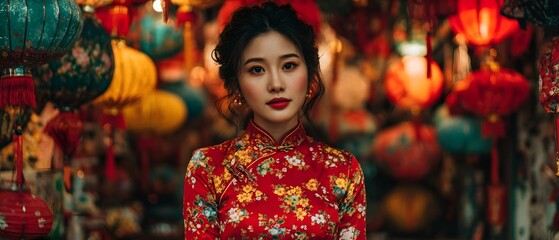 Obraz premium A woman wearing a red floral dress stands in front of a display of lanterns