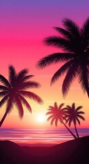 Obraz premium Tropical Beach Sunset with Palm Silhouettes. Gradient Summer Scene.