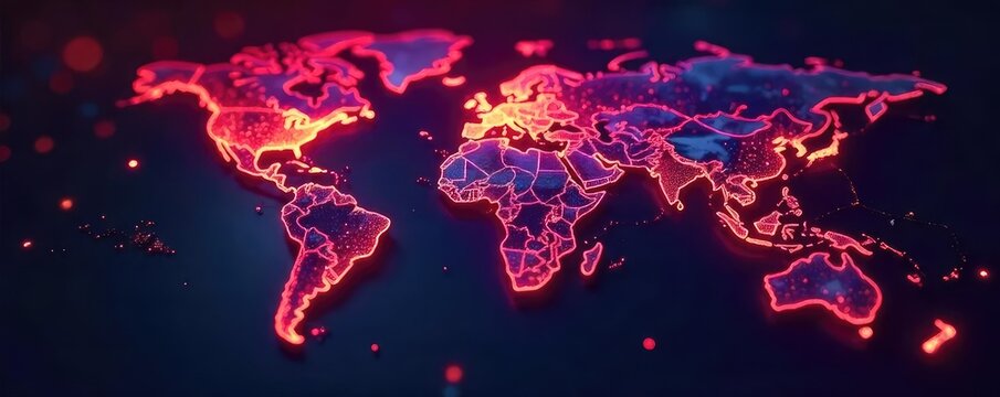 Global network connection, abstract digital world map with glowing lines illustrating international communication and interconnectedness , cloud, networking, lines