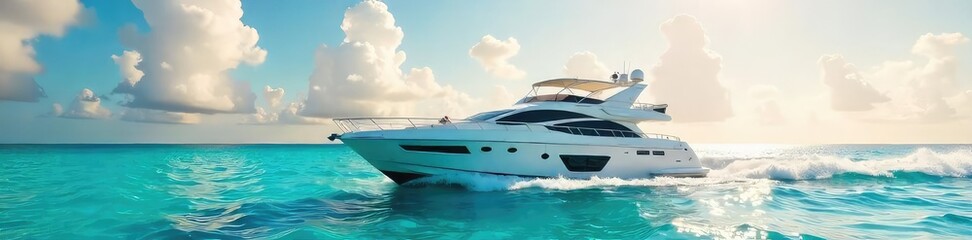 Fototapeta premium A pristine white yacht glides across turquoise waters under a vibrant summer sky, embodying ultimate luxury and relaxation , summer, yacht