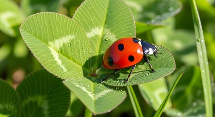 Obraz premium Vibrant ladybug with striking black spots rests on a dew-kissed clover leaf, symbolizing luck and nature's delicate beauty in a sunlit meadow.