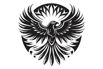 Striking black eagle with outstretched wings soars in a tribal circle frame