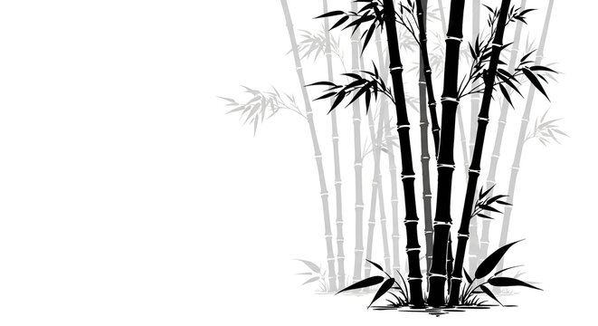 Stylized graphic art featuring a cluster of vibrant black bamboo plants against a serene white backdrop, embodying tranquility and sustainable botanical grace