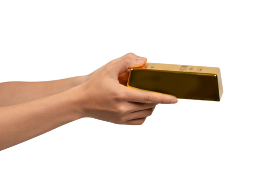 Hands holding a gold bar, isolated on a transparent PNG. This concept is suitable for themes such as gold trading, business, finance, investment, the stock market, wealth, lifestyle and advertising.