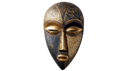 Ancient Tribal Wooden Mask with Gold and Black Details on white background