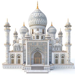 Naklejka premium Decorative Taj Mahal Structure with Minarets and Dome on White Background