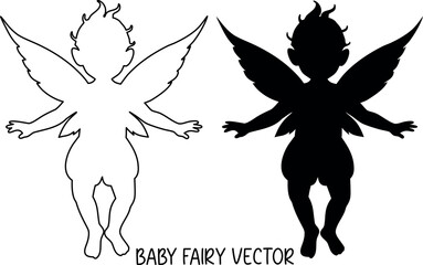 Baby fairy silhouette vector, fairy outline art, angel black symbol