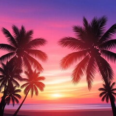 Fototapeta premium Tropical Beach Sunset with Palm Silhouettes. Gradient Summer Scene.