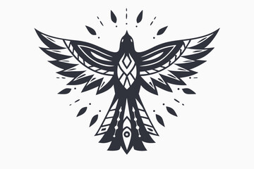 Stylized dark bird spreads patterned wings, creating striking symmetry with decorative elements around it