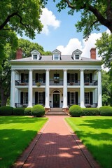 Obraz premium Grand Southern plantation home, classic columns, wide porch, lush landscape, antebellum charm Perfect for historical, architectural, and travel publications , exterior, doors, rural