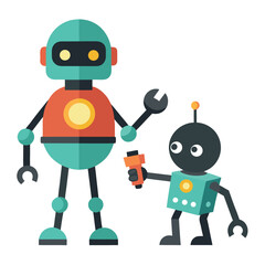 Tiny Robot Fixing Another Robot Vector Icon on White Background – Colorful Flat Icon, Robotics, AI Technology, Repair, Apps, Websites, and UI Design