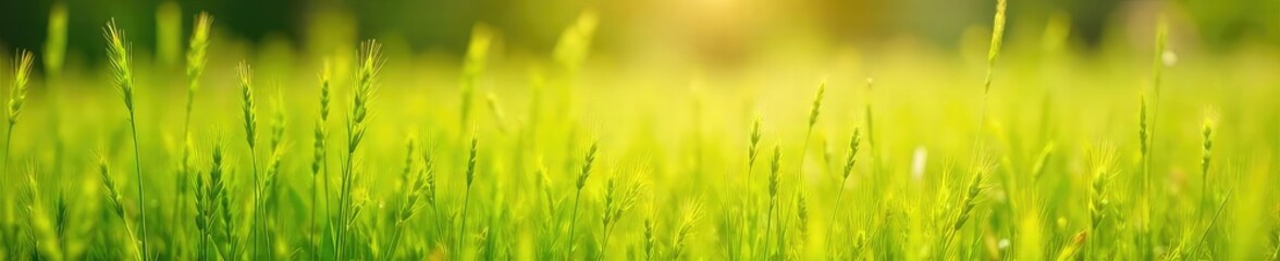 Obraz premium Gentle summer breeze ruffling tall grass in a sun-drenched meadow, creating waves of green and gold A peaceful, idyllic scene perfect for relaxation and nature themes , meadow, landscape, air