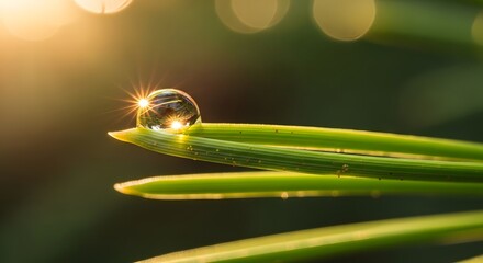 Sparkling dewdrop on vibrant green grass reflects golden sunrise illuminating nature's delicate beauty and fresh morning