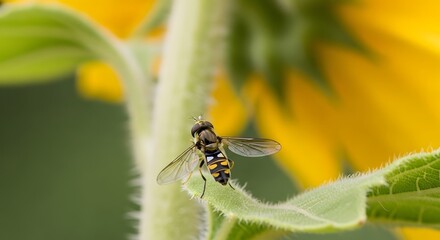 Stunning macro shot captures a vibrant hoverfly resting on a fuzzy green leaf with a blurred yellow sunflower background
