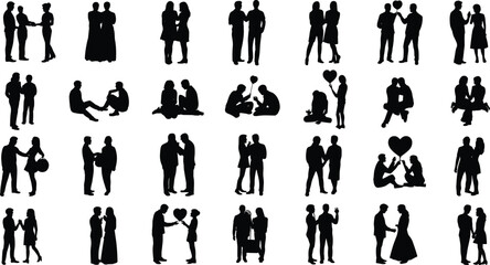 Romantic couple silhouettes, black figures, affectionate poses, interaction scenes, white background, body language, love concept, proposal, dancing, hugging, relationship moments