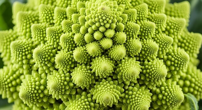 Stunning close up of vibrant Romanesco broccoli showcases intricate fractal patterns and natural geometric beauty, perfect for healthy eating themes.
