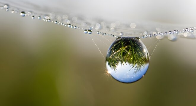 Stunning macro view captures a single dewdrop reflecting lush green grass and bright sunshine on a delicate spiderweb