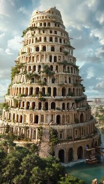 Ancient tower of babel with greenery and architectural details against sky in mesopotamia, concept of bible, babylon and historic building