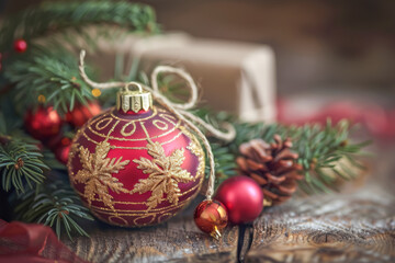Charming christmas gift centerpiece featuring gold and red presents with pine and festive decor