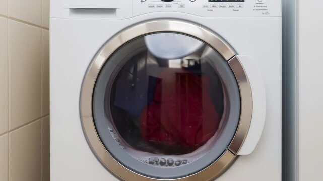 Loading colorful laundry into a washing machine, front loader appliance cleaning dirty clothes during wash cycle.
