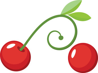 Vector art of two red cherries with a green stem and leaves