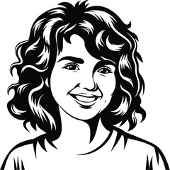 Smiling young woman with curly hair looks forward in a striking monochrome portrait