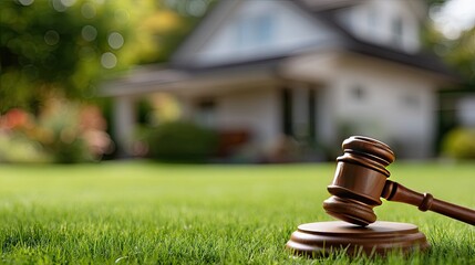 Gavel resting on green grass in front of a house, symbolizing real estate and legal matters during a sunny day
