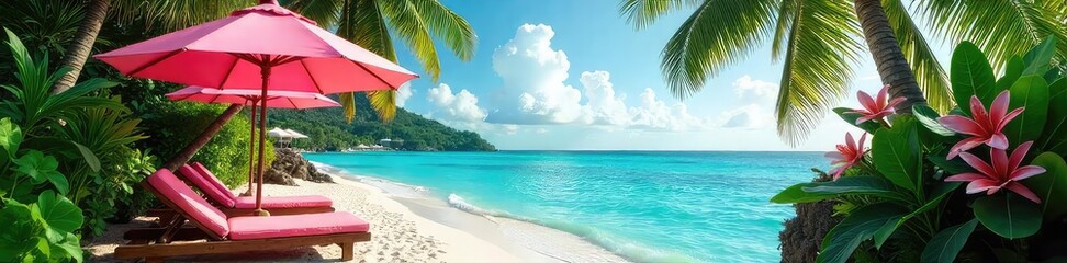 Luxury umbrella resort with vibrant colors and lush tropical foliage, offering tranquil relaxation and pristine beach views Ideal for vacation brochures and travel websites , water, sand, outdoor