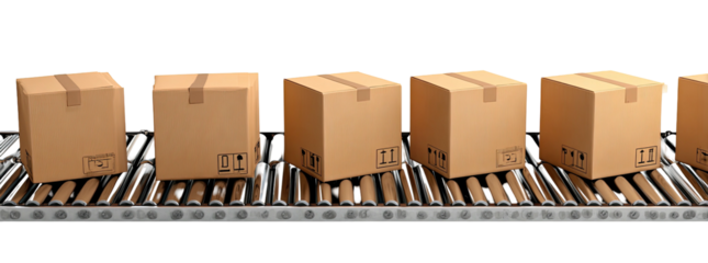 A conveyor belt carries a line of cardboard boxes, each closed with tape, against a black background