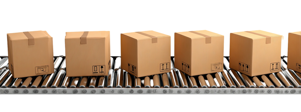 A conveyor belt carries a line of cardboard boxes, each closed with tape, against a black background