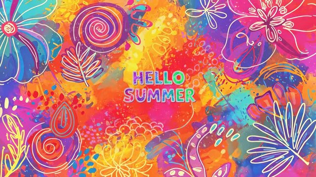 Hello Summer text appearing and changing color on a vibrant abstract floral background footage