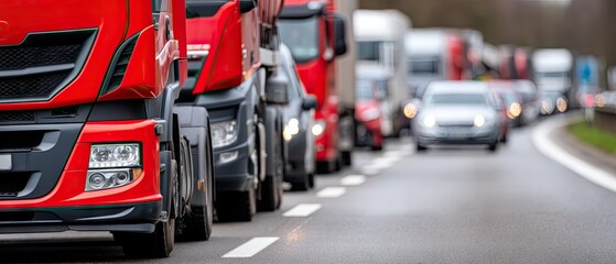 Fototapeta premium Long line of red trucks and vehicles on a highway during early morning hours with blurred background of other traffic