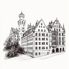 Black and white hand drawn sketch of historic european architecture featuring a castle tower and old town street buildings