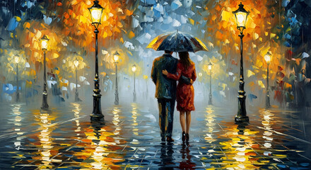 Fototapeta premium Romantic couple walking under an umbrella in a city street at night with glowing streetlights reflecting on the wet pavement