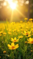 Fototapeta premium Sun-drenched field of vibrant yellow wildflowers bathed in golden light, conveying serenity and spiritual purity A scene of natural holiness , joyful, wonder, holy