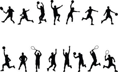 Tennis player silhouettes, athletic motion poses, black and white design, racket action, sports movement, dynamic illustration, fitness concept, minimal style