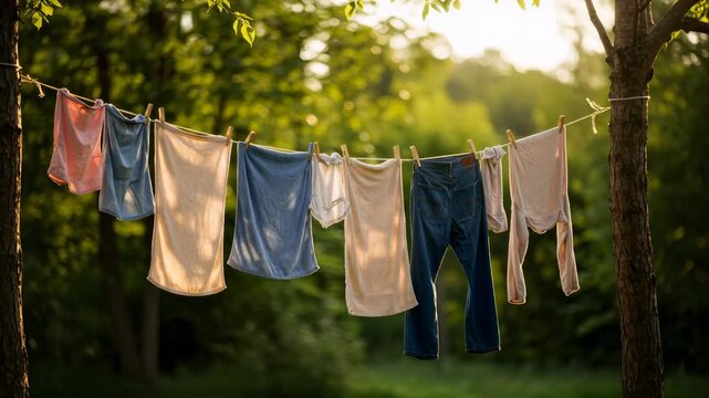 Clean laundry hanging on a clothesline in the sunlight, drying naturally outdoors against a sunny green background video footage.