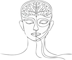 Continuous line portrait with subtle neural details — minimalist vector illustration representing emotion and intelligence, human mind meets artificial intelligence concept