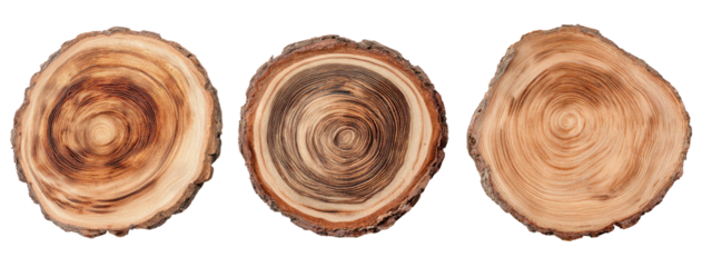 Three circular wood slices with growth rings. Dark and light browns create unique patterns in each slice