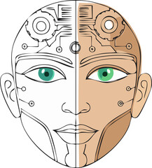 One line abstract face half organic half mechanical symbolizing human AI identity blend elegant minimal vector isolated on white background, Abstract one line human and AI face fusion minimal vector