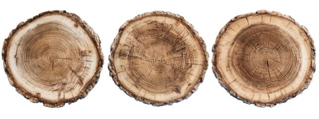 Three circular slices of wood, displaying intricate growth rings and textures. Set against a dark background