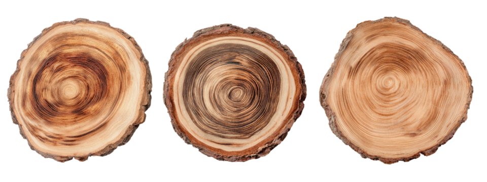 Three circular wood slices with growth rings. Dark and light browns create unique patterns in each slice