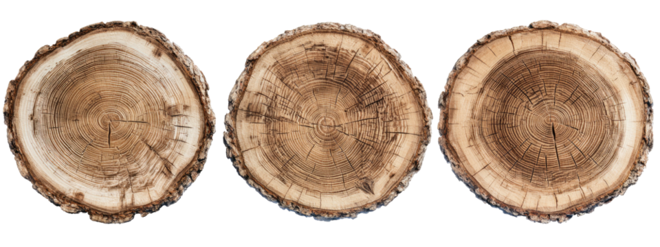 Three circular slices of wood, displaying intricate growth rings and textures. Set against a dark background