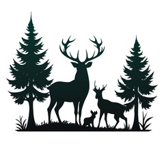 Pine tree and reindeer vector,Elegant deer silhouette vector art,